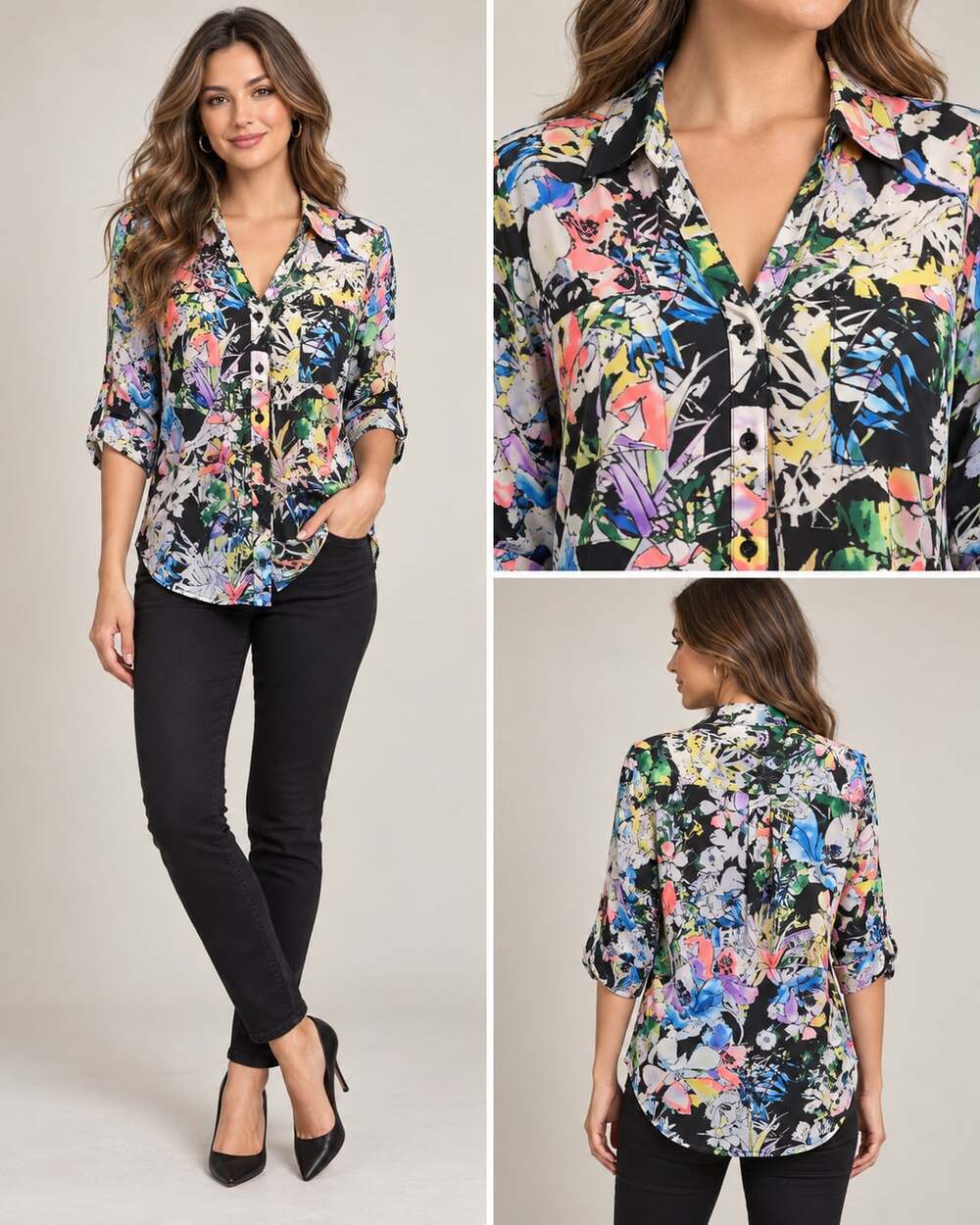 Express The Portofino Shirt Multicolor Floral Abstract Button Up Blouse
